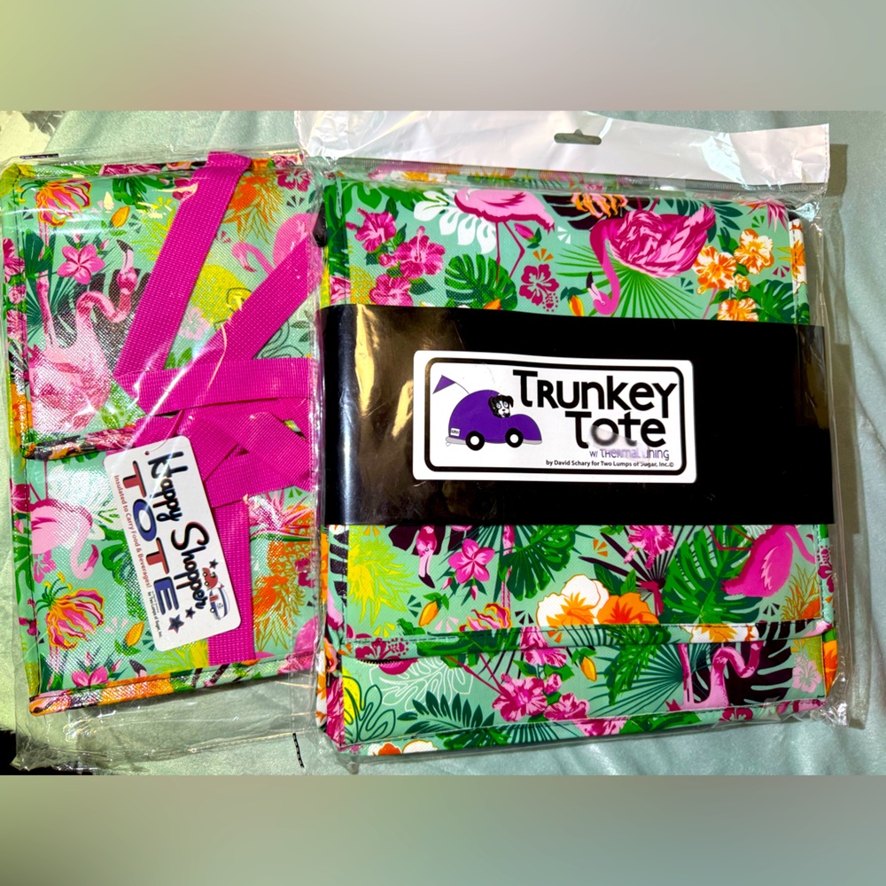 Two Lumps of Sugar Trunkey Tote & Happy Shopper bags in Pink Flamingo. TLOS